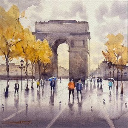 Peinture Arc de Triomphe in Autumn  par Dandapat Swarup | Tableau Figuratif Aquarelle Paysages, Scènes de vie, Urbain