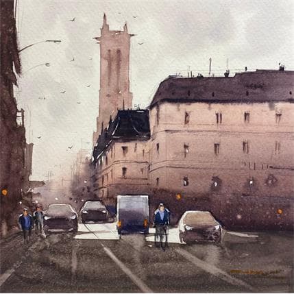 Peinture Le Paris Gris par Dandapat Swarup | Tableau Figuratif Aquarelle Paysages, Scènes de vie, Urbain