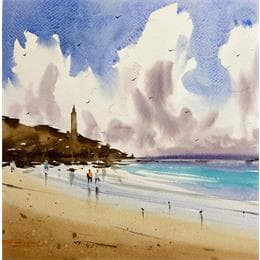 Painting Clouds and the Lighthouse by Dandapat Swarup | Painting Figurative Watercolor Landscapes, Life style, Marine