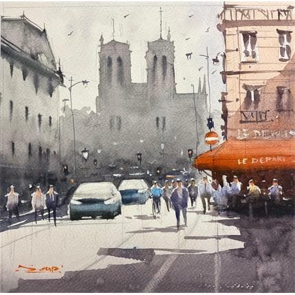 Gemälde Remembering Notre-Dame von Dandapat Swarup | Gemälde Figurativ Aquarell Alltagsszenen, Landschaften, Urban