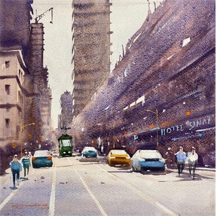 Gemälde The Streetcar  von Dandapat Swarup | Gemälde Figurativ Aquarell Alltagsszenen, Landschaften, Urban