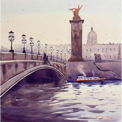 Peinture Pont Alexandre III from the River par Dandapat Swarup | Tableau Figuratif Aquarelle Paysages, Scènes de vie, Urbain