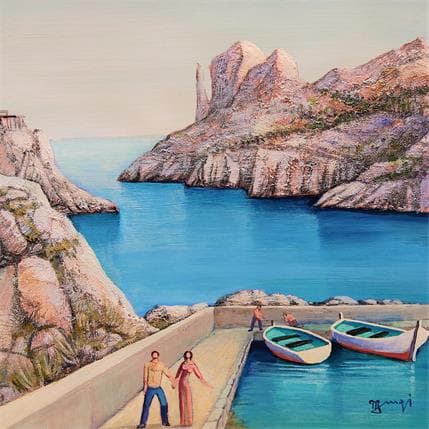 Peinture AN61 Le port et la calanque de Sormiou par Burgi Roger | Tableau Figuratif Acrylique Marine, Paysages