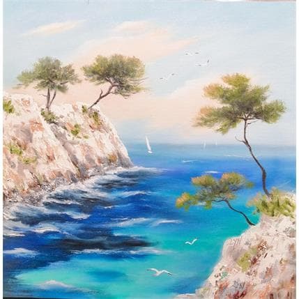 Peinture Pins et calanque par Lyn | Tableau Figuratif Huile Paysages