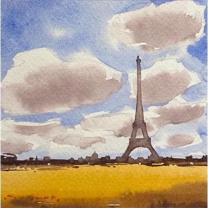 Gemälde Eiffel Tower in Early Autumn von Dandapat Swarup | Gemälde Figurativ Aquarell Alltagsszenen, Landschaften, Urban