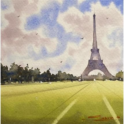 Peinture Eiffel Tower in the Summer par Dandapat Swarup | Tableau Figuratif Aquarelle Paysages, Scènes de vie, Urbain