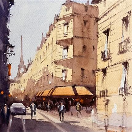 Peinture Mid-morning Paris Street I par Dandapat Swarup | Tableau Figuratif Aquarelle Paysages, Scènes de vie, Urbain