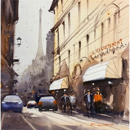 Peinture Mid-morning Paris Street II par Dandapat Swarup | Tableau Figuratif Aquarelle Paysages, Scènes de vie, Urbain