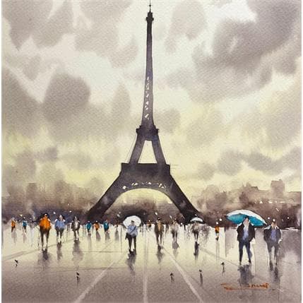Peinture Visiting the Tower on a Rainy Day par Dandapat Swarup | Tableau Figuratif Aquarelle Paysages, Scènes de vie, Urbain