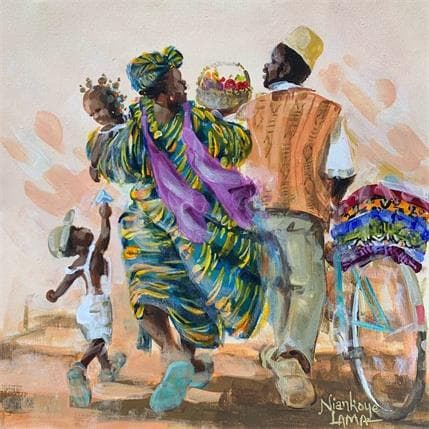 Peinture Le Commercant de Pagnes et Famille par Lama Niankoye | Tableau Figuratif Acrylique scènes de vie