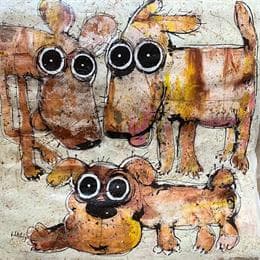 Peinture 3 brown Dogs par Maury Hervé | Tableau Art naïf Animaux
