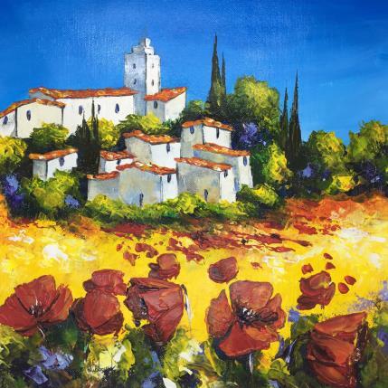 Peinture Village provençal aux coquelicots par Sabourin Nathalie | Tableau  Huile