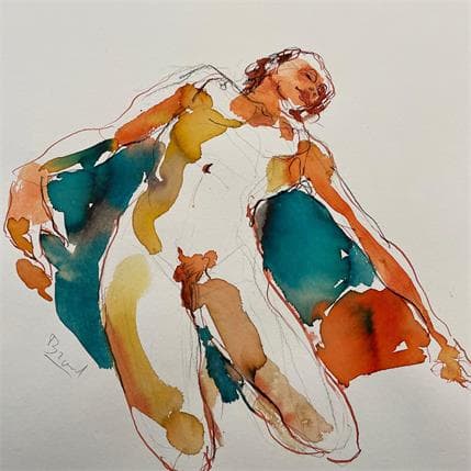 Peinture Anaïs couchée sur le dras bleu par Brunel Sébastien | Tableau Figuratif Aquarelle Nu