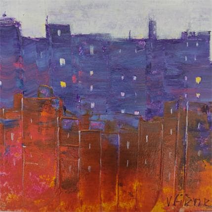 Painting La ville au crépscule by Fièvre Véronique | Painting Abstract Acrylic Urban