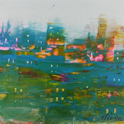 Peinture Panorama urbain en bleu cyan par Fièvre Véronique | Tableau Abstrait Acrylique Urbain