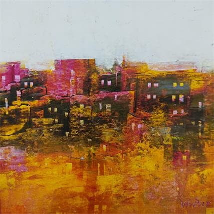 Peinture Village et champ orange par Fièvre Véronique | Tableau Abstrait Acrylique Urbain