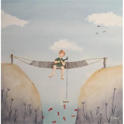 Peinture Arthur, pêcheur de poissons rouges par Marjoline Fleur | Tableau Art naïf Scènes de vie