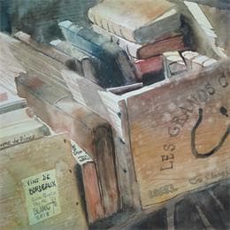 Gemälde Dégustation littéraire von Abbatucci Violaine | Gemälde Figurativ Aquarell Alltagsszenen, Stillleben