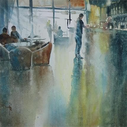 Peinture Son café, toujours au comptoir par Abbatucci Violaine | Tableau Figuratif Aquarelle scènes de vie