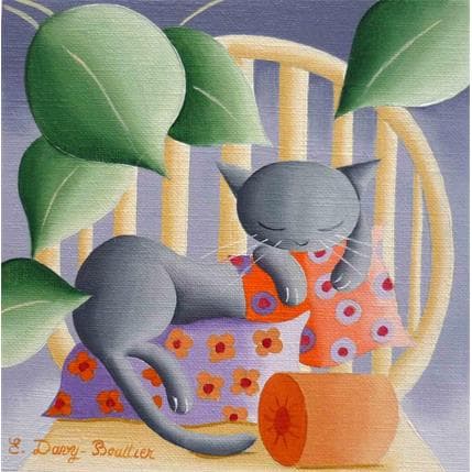 Peinture Sieste au Jardin par Davy Bouttier Elisabeth | Tableau Art naïf Huile Scènes de vie