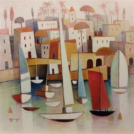 Peinture La voile rouge par Burgi Roger | Tableau Figuratif Acrylique Marine, Paysages
