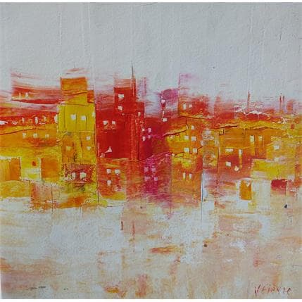 Painting Village en rouge et jaune by Fièvre Véronique | Painting Figurative Acrylic Urban