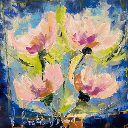 Peinture Pivoines sous fond bleu par Bastide d´Izard Armelle | Tableau Abstrait Paysages