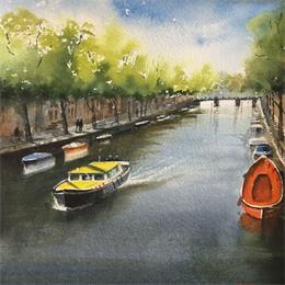 Peinture the yellow harbour boat par Min Jan | Tableau Figuratif Aquarelle Paysages