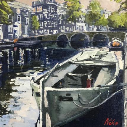 Peinture Boats near the bridge par Niko Marina  | Tableau Figuratif Huile Urbain