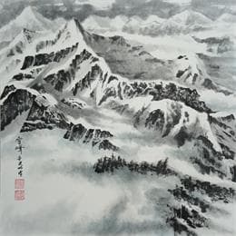 Gemälde Snow covered  mountain von Du Mingxuan | Gemälde Figurativ Aquarell Landschaften, Schwarz & Weiß