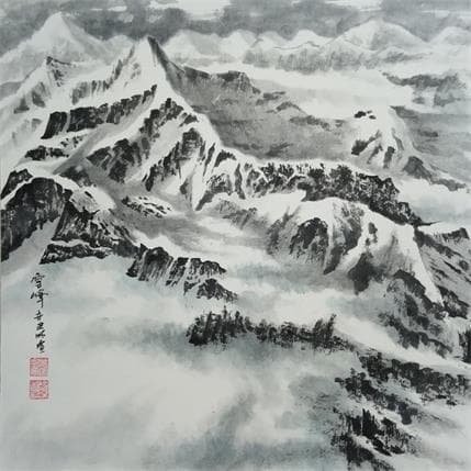 Peinture Snow covered  mountain par Du Mingxuan | Tableau Figuratif Aquarelle Noir & blanc, Paysages