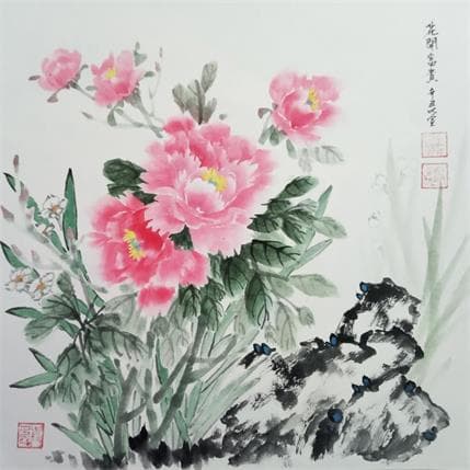 Peinture Poeny and cream narcissus par Du Mingxuan | Tableau Figuratif Aquarelle Natures mortes