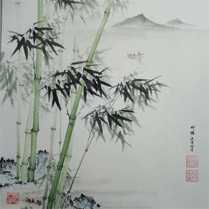 Peinture Bamboos by the lake par Du Mingxuan | Tableau Figuratif Aquarelle Paysages