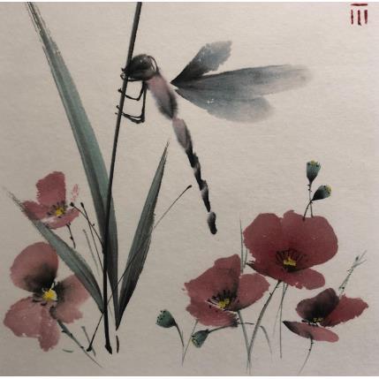 Peinture Dragonfly and poppies par De Giorgi Mauro | Tableau Figuratif Encre Minimaliste