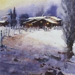 Pintura Première neige en Pyrénées por Abbatucci Violaine | Pintura Figurative Watercolor Landscapes