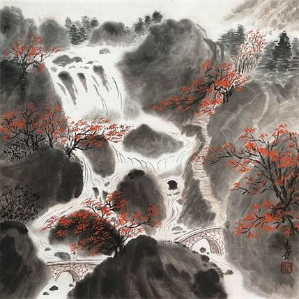 Peinture Montagne noire et eaux blanches par Tayun | Tableau Figuratif Encre Paysages