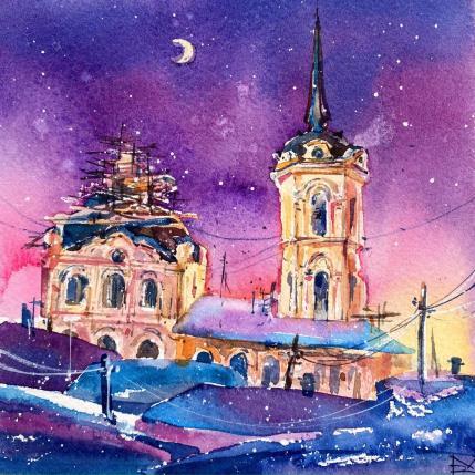 Peinture Lunar night par Volynskih Mariya  | Tableau Figuratif Aquarelle Architecture, Paysages, Urbain