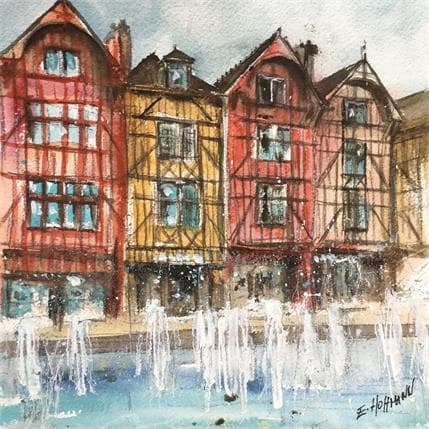 Peinture Troyes 93 colombages par Hoffmann Elisabeth | Tableau Figuratif Aquarelle Urbain