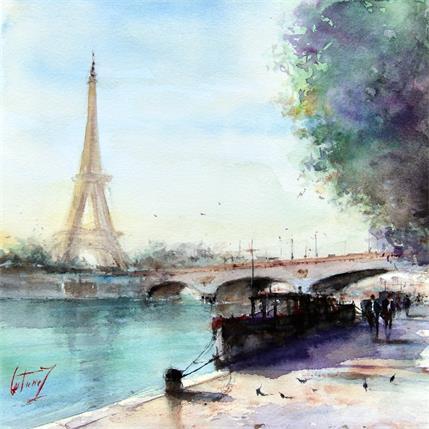Peinture Sur les bords de la Seine par Gutierrez | Tableau Figuratif Aquarelle Urbain