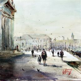 Painting Devant la Saluté by Gutierrez | Painting Figurative Watercolor Urban