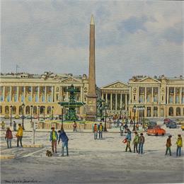 Peinture Paris, place de la Concorde et la Madeleine par Decoudun Jean charles | Tableau Figuratif Aquarelle Paysages, scènes de vie, Urbain