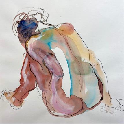 Peinture Pia, dos bleu et rose par Brunel Sébastien | Tableau Figuratif Aquarelle Nu