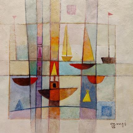 Painting A019 La balise jaune by Burgi Roger | Painting Figurative Acrylic Landscapes, Marine