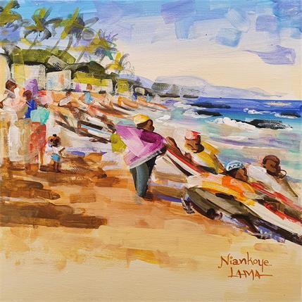 Peinture Arrivée des pêcheurs 1 par Lama Niankoye | Tableau Figuratif Acrylique Marine, Scènes de vie