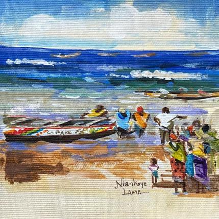 Peinture Arrivee de pecheurs par Lama Niankoye | Tableau Figuratif Acrylique Marine, Scènes de vie