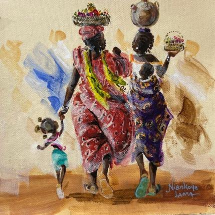 Peinture Deux Dames et Enfants par Lama Niankoye | Tableau Figuratif Acrylique scènes de vie, Urbain