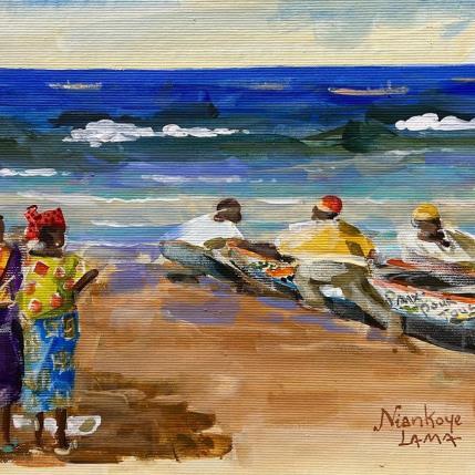 Peinture Depart des pecheurs par Lama Niankoye | Tableau Figuratif Acrylique Marine, Scènes de vie