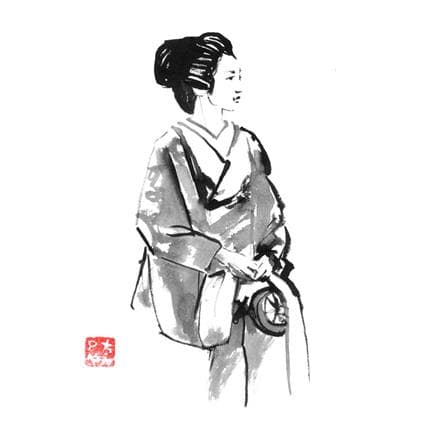 Peinture waiting geisha par Péchane | Tableau Figuratif Aquarelle, Encre Portraits, Scènes de vie
