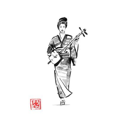 Peinture geisha and shamisen par Péchane | Tableau Figuratif Aquarelle, Encre Portraits, Scènes de vie