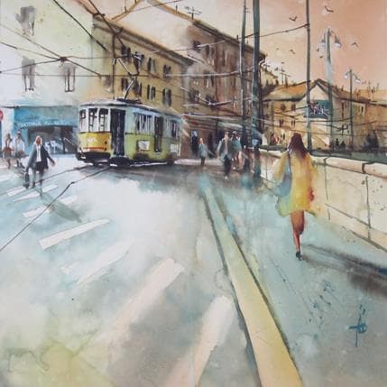 Painting Elle revenait toujours par Naviglio by Abbatucci Violaine | Painting Figurative Watercolor Landscapes